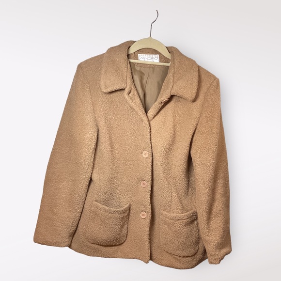 SANDRO Jacket Womens Button Front Long Sleeve Pockets Lined Camel Large Loosefit - Picture 2 of 5